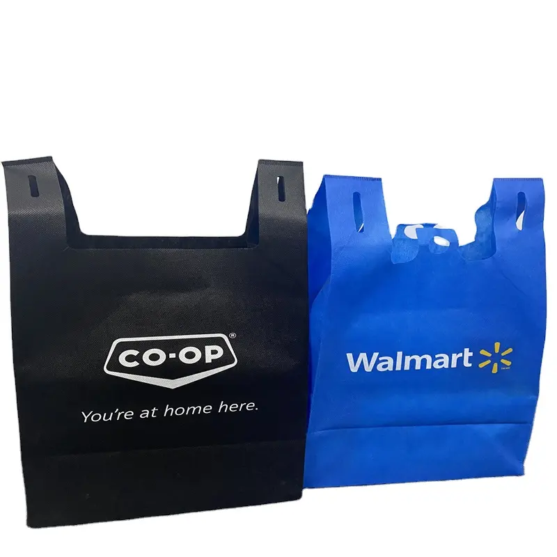 अमा-ज़ोन हॉट सेल इको गैर-बुना पुनर्नवीनीकरण शॉपिंग टी शर्ट टोट बनियान कैरी बैग कस्टम सुपरमार्केट शॉप टी-शर्ट बैग लोगो के साथ