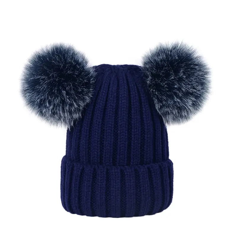 2024 2 pompoms Unisex women and men Knitted Cap Winter artificial Faux Fox Fur Hat Girls Pom Beanie Hats