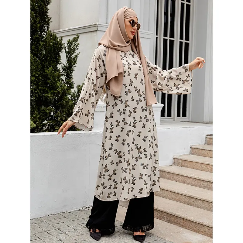 Senhoras Muçulmanos Modestos LUOMANTE 2 Peça Define Conjuntos de Vestuário Islâmico Árabe Impressão Longa Túnica Tops Calças Com Hijab