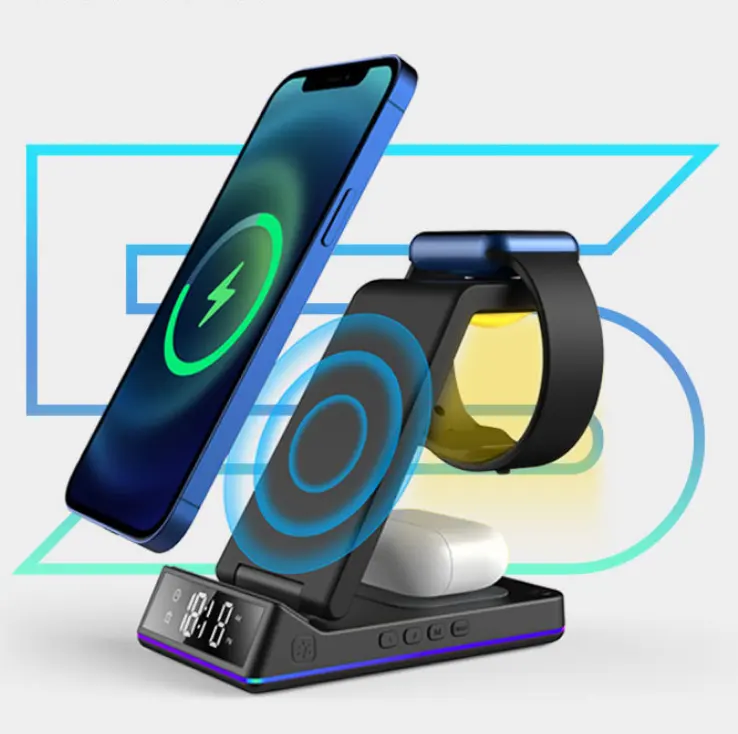 Boyi New Arrival Stand 5 in 1 Wireless Charger With Lamp Alarm Clock Multifunctional Wireless Phone Charger For Apple Watch
