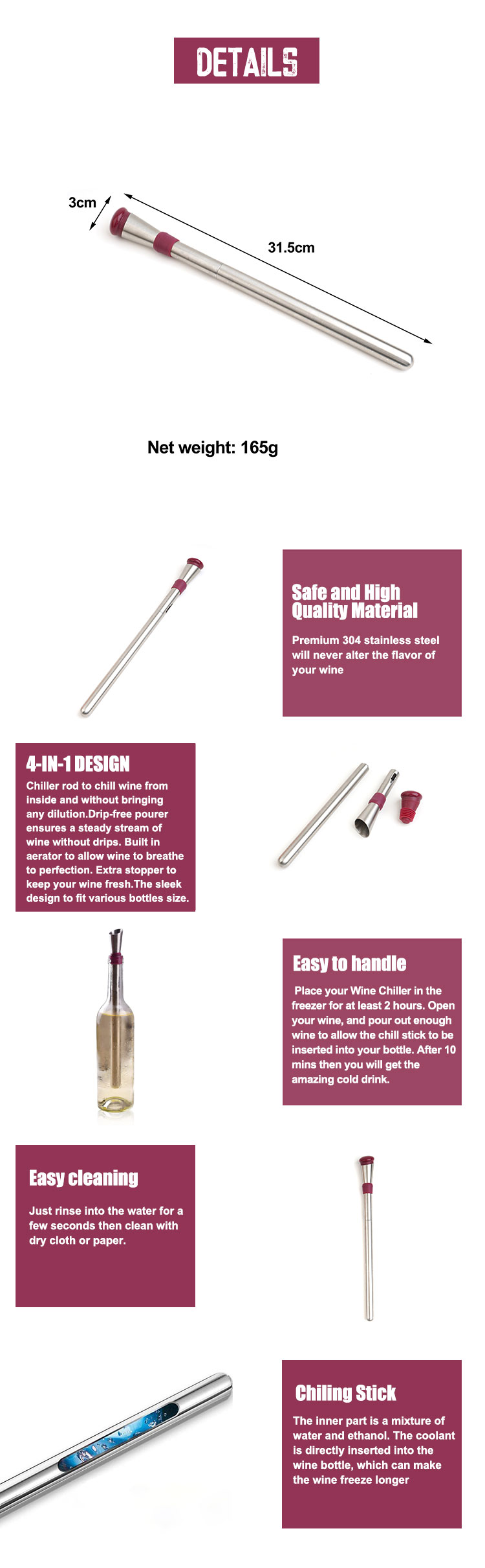 Bar Accessories Stainless Steel Rapid Instant Iceless Bottle Freezer Cooling Stick Cooler Wine Chiller Rod