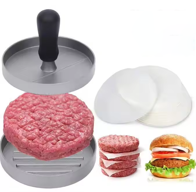 Prensa para hamburguesas + papel de silicona plateado