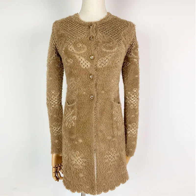 Jacquard suéter de pele feminino, blusa personalizada para idosos com botão, lantejoulas, fleece grossa, avó