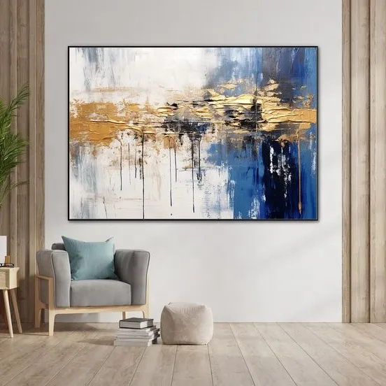 Pintura a óleo abstrata acrílica 100% pintada à mão, azul e dourado, moderna, branca, texturada, decoração de parede para sala de estar e escritório