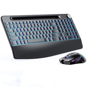 Teclado y ratón inalámbricos de 2,4G, teclado recargable con reposamuñecas RGB, perilla de volumen de ratón jiggler iluminada de tamaño completo - Product Image 1