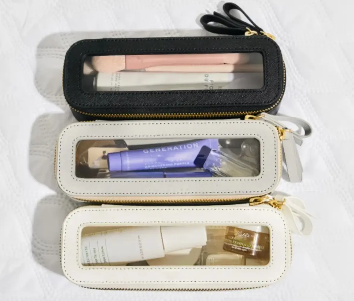 Desain mini kotak organizer makeup kulit pvc travel tas kosmetik kantung make up bening
