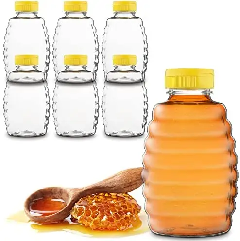 Botellas de miel vacías de 12 Oz, sin BPA, dispensador de miel de plástico seguro para mascotas, contenedor de sirope rellenable con tapa abatible, ideal para almacenamiento