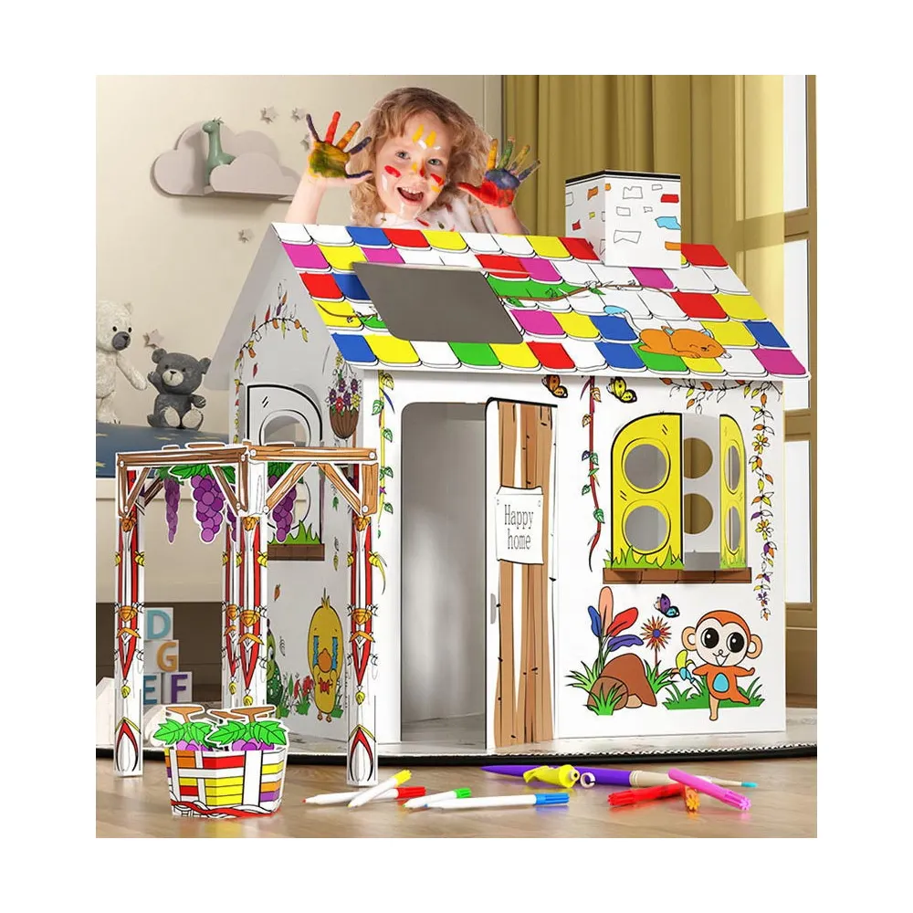 Eco-friendly presente ondulado papel play house DIY papelão brinquedo com pintura suprimentos