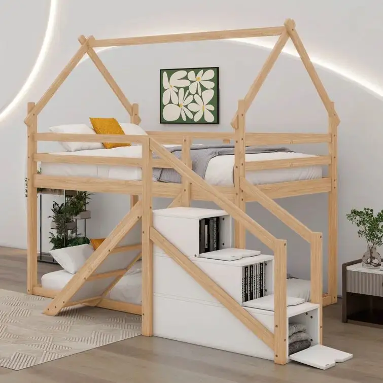 Lits superposés en bois avec toboggan et toit Lits superposés pour enfants Mobilier de chambre personnalisé