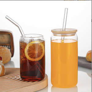 16オンス透明プラスチックリビーカップソーダ缶型カッププラスチック16オンスビール缶ガラス竹蓋付き