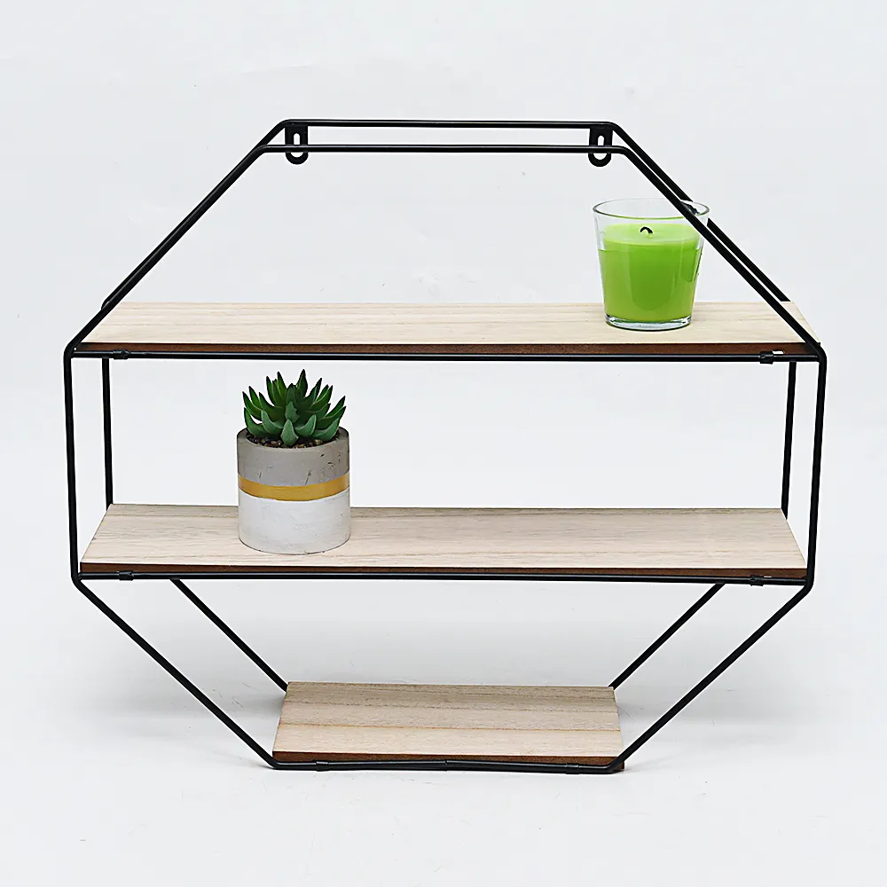 Mail order packaging folding metal wood shelves on the wall Hexagonal bedroom living room wall shelf