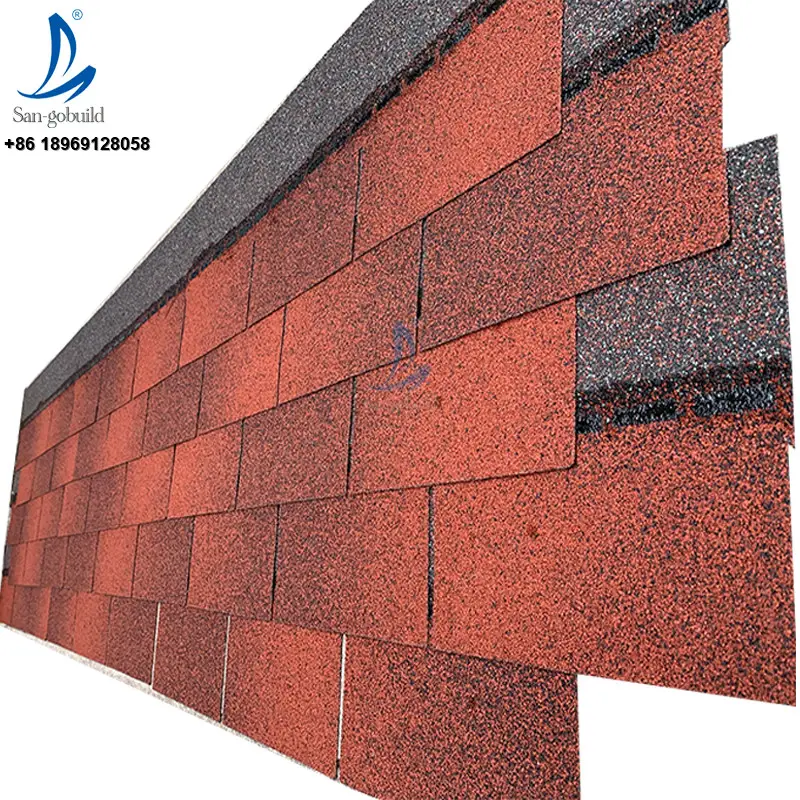 Hoja de techo de tejas de asfalto de fibra de vidrio de color rojo Sangobuild para construcción de villas tejas de asfalto