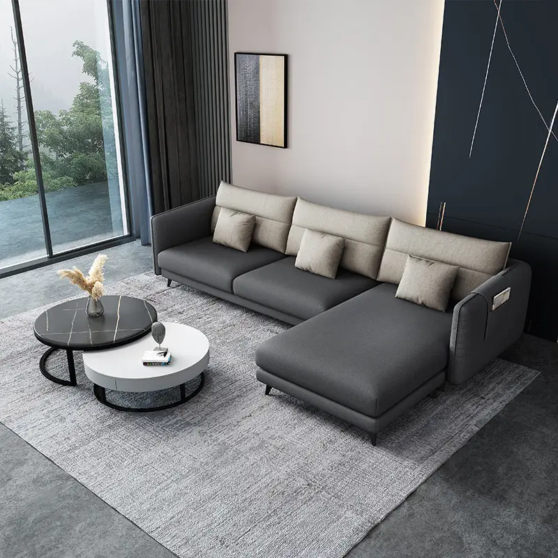 Conjunto de sofás modernos de alta qualidade para sala de estar, tecido cinza, sofá barato em forma de L, sofá de canto confortável para sala de estar