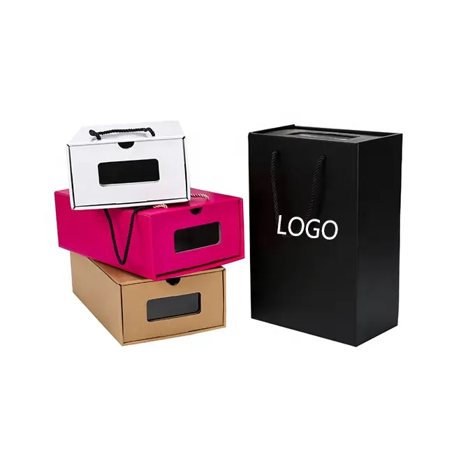 Logotipo personalizado barato eco-friendly caixa de embalagem de sapatos para homens e mulheres caixas de tênis gaveta dobrável com alça
