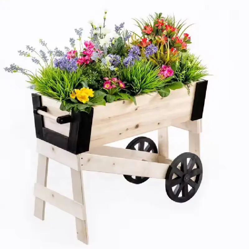 XWP007 Gartengitter mit Rädern Hinterhof Pflanzer natürliche Holzfarbe für Außenblumen