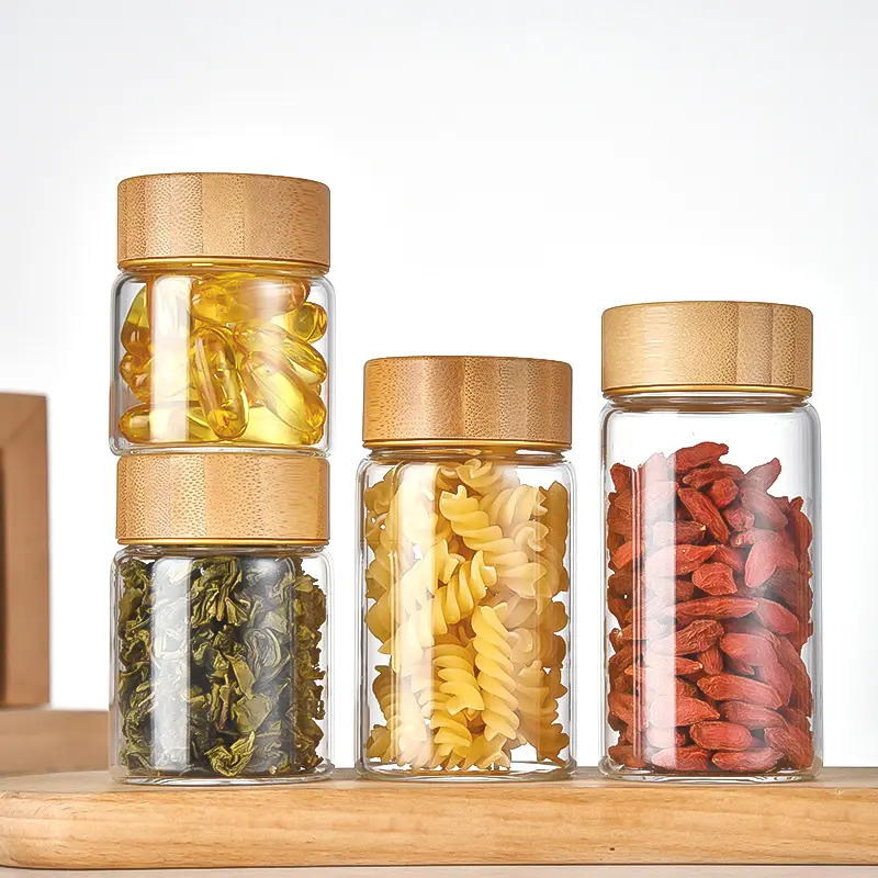 Custom Round Food Grade Glass Jar Food Storage Jar with Airtight Bamboo Lid