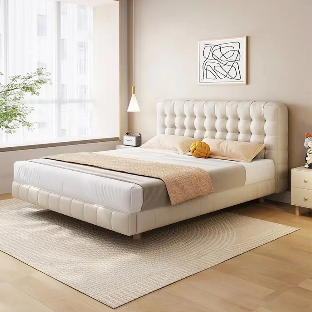 Moderno design de luxo italiano branco genuíno, couro, king queen, cama com moldura, confortável, casa dupla, mobiliário, quarto