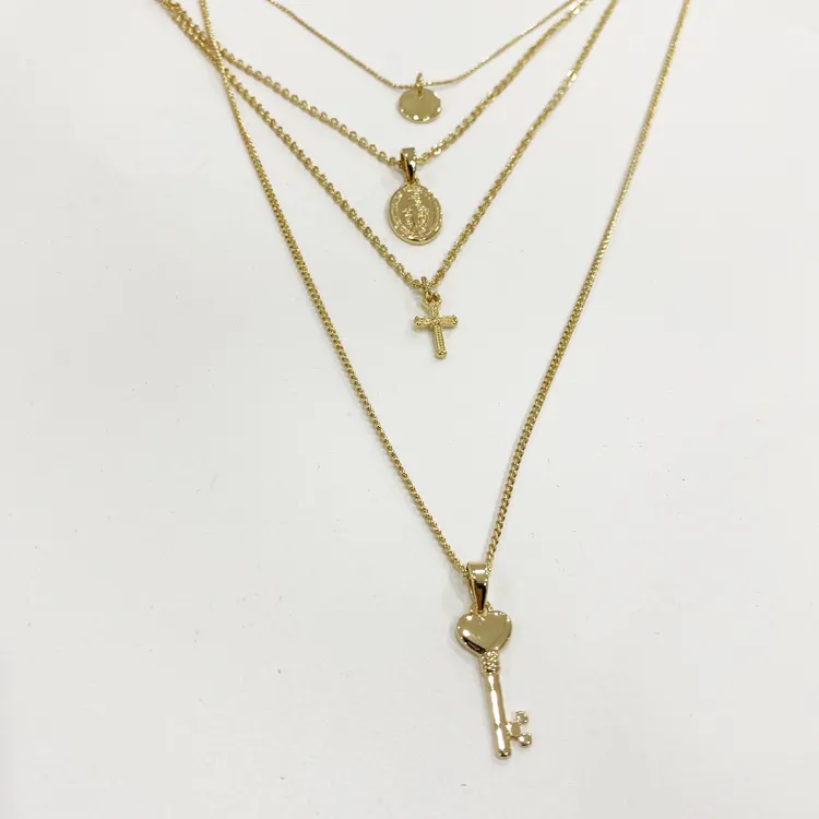 Collares de cadena de oro de 4 capas, con disco de llave cruzada y colgantes ovalados, collar de capa chapado en oro
