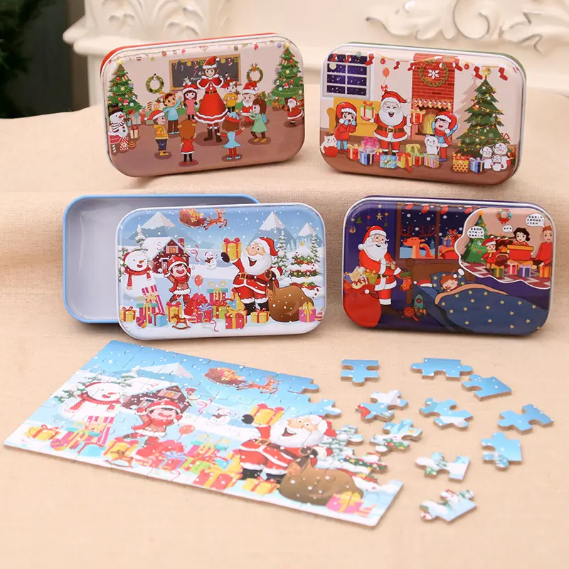 Pafu rifornimenti del partito di natale FAI DA TE in legno di puzzle regalo per i bambini con il contenitore di latta di natale di puzzle FAI DA TE di Natale favore di partito