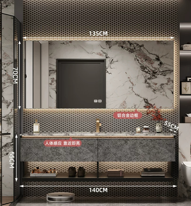 140cm Marble Countertop& Ceramic Sink+smart mirror