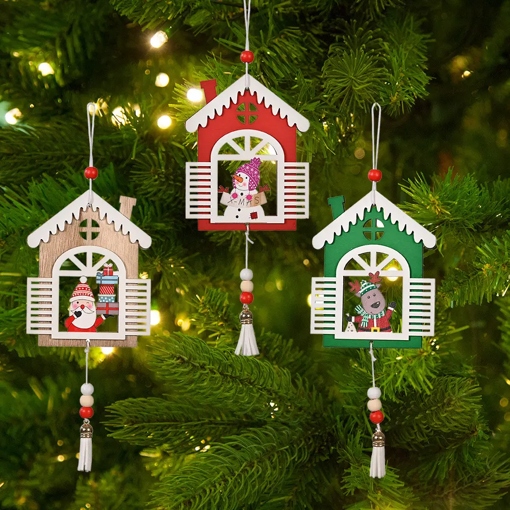 Colgante de madera con borlas para decoración navideña, ventana abierta, árbol de Navidad