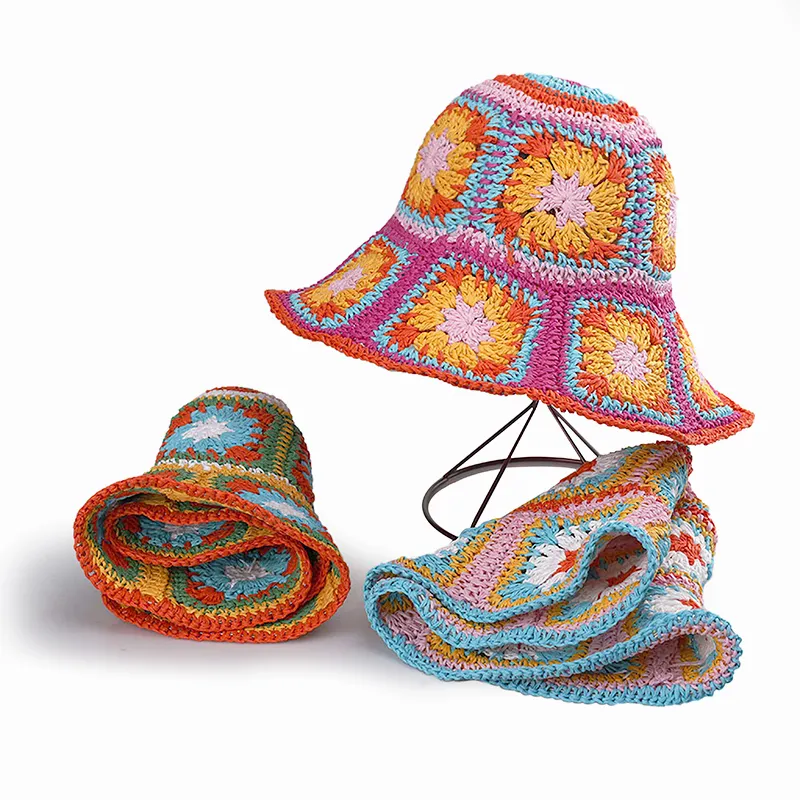 夏の女性手作りおばあちゃん花かぎ針編みバケットハット女性のためのカスタムかぎ針編み帽子