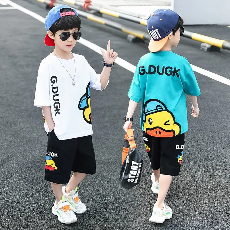 Conjunto de camiseta de manga corta con dibujo de pato para niño, traje para niño, camisa grande, conjuntos de ropa, 100% algodón, 1 ud./bolsa Opp, novedad de verano, 2 uds.