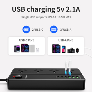 Venta caliente Universal Black Multi Socket 4AC Outlets con USB y toma de corriente tipo C con protector contra sobretensiones Multi Plug Outlet - Product Image 2