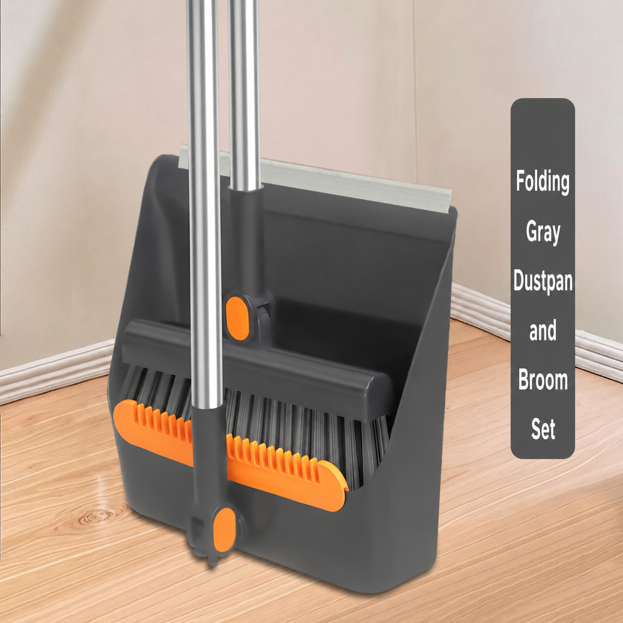 Folding Gray Broom and Dustpan Set