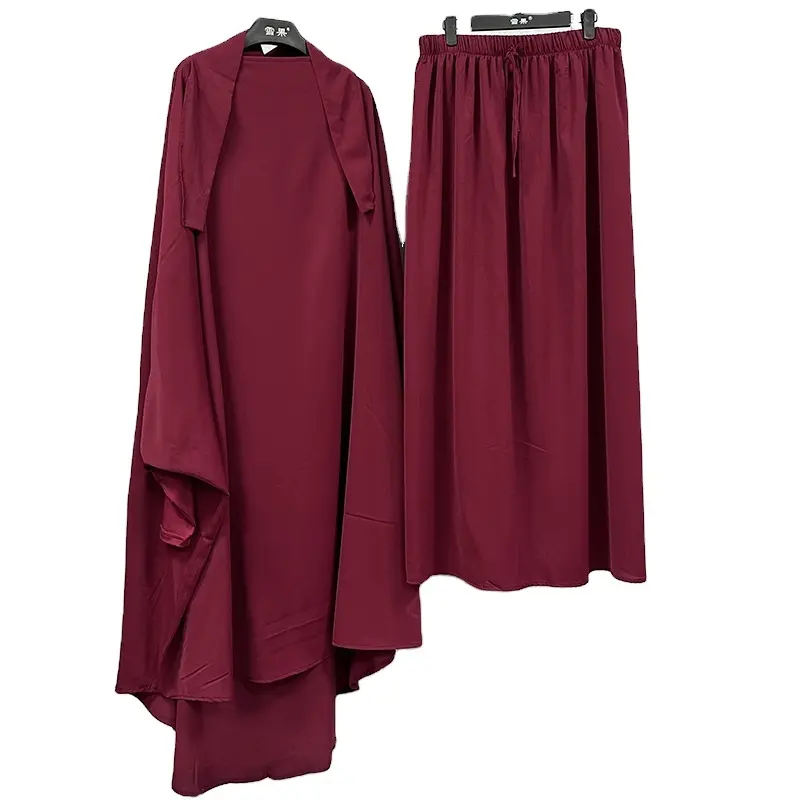 Vestido musulmán para mujer, conjunto de falda larga de Color puro, moda árabe Khimar Abaya, venta al por mayor, 2 piezas