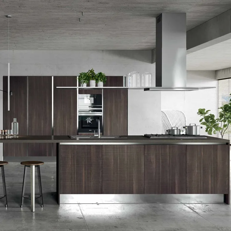 Armadio da cucina moderno in legno impiallacciato/melaminico one line design luxury island bar set completo di mobili appartamento