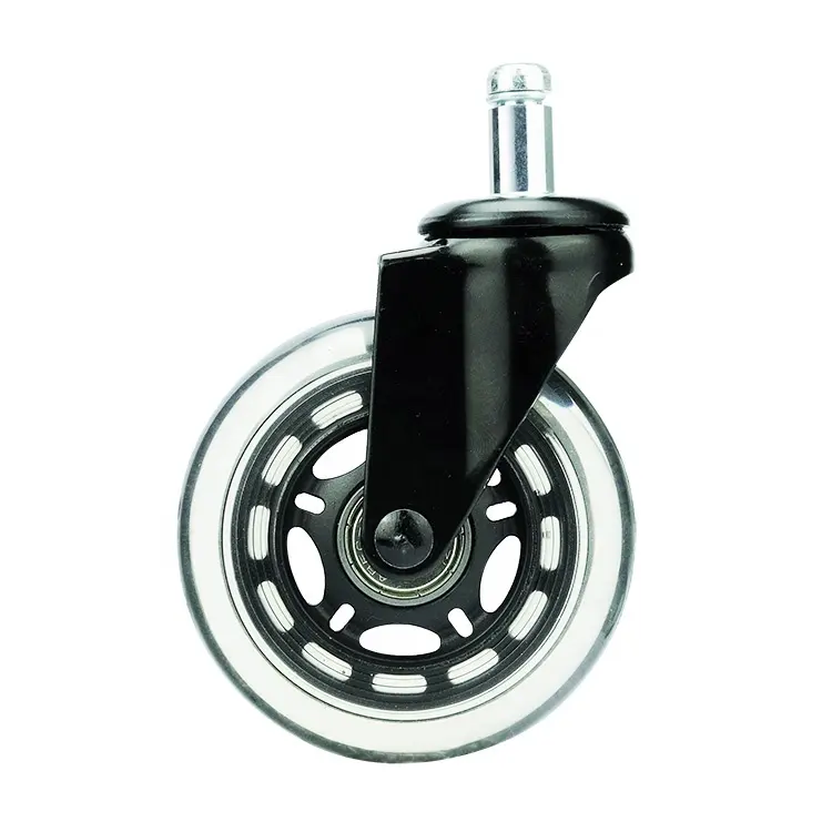 Vente chaude transparent 3 pouces pu roulette pivotante roues 75mm pivotant rouleau noir pour chaise de bureau