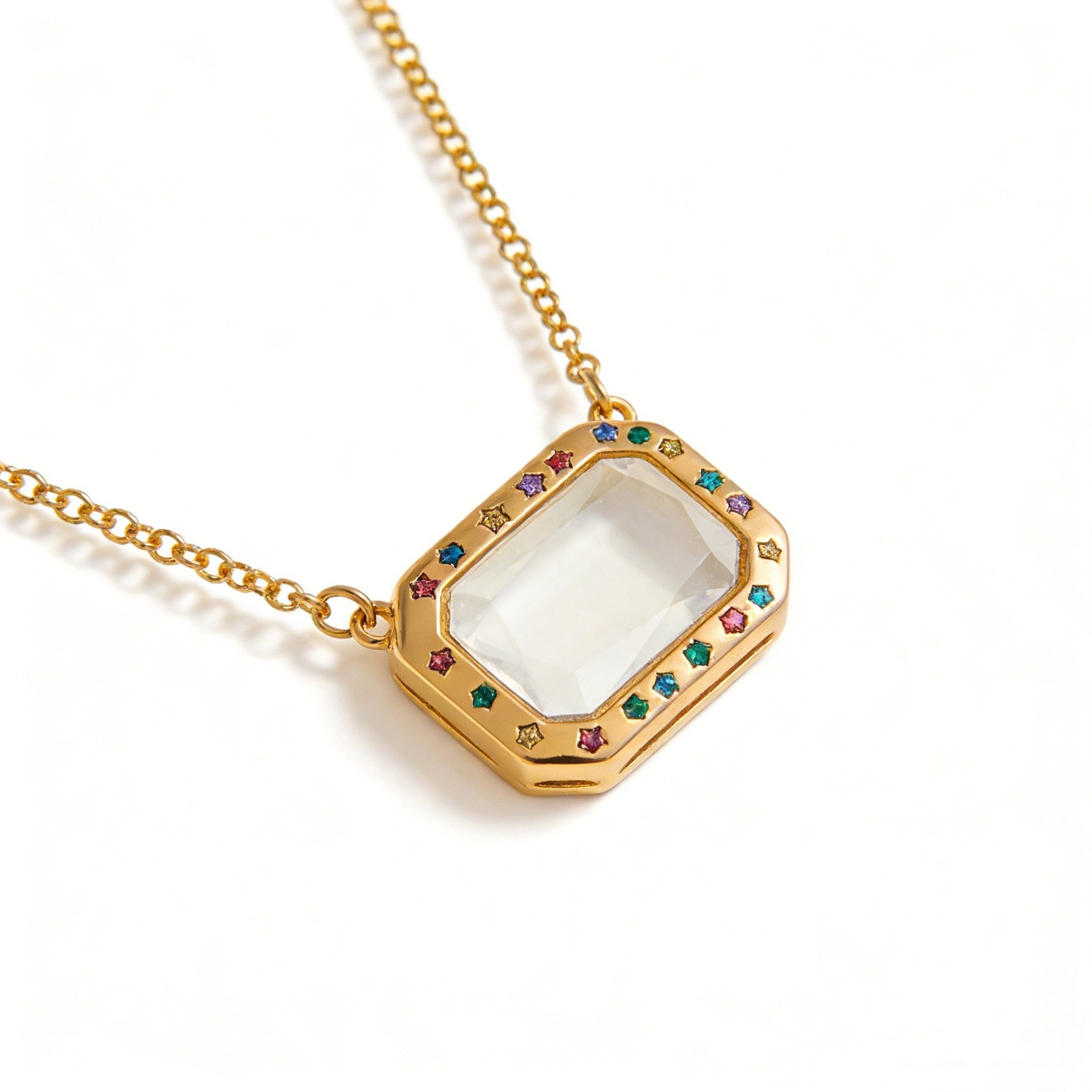 Portagioie rettangolare in vetro color oro con diamanti per collane