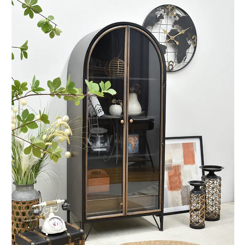 Artisan-crafted Shabby Chic Black Dark Storage Arched Display Cupboard Glass Door 3 Shelf 1 Drawer Cabinet Metal Leg Base