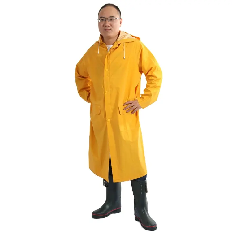 พีวีซีผู้ใหญ่สีเหลืองยาวยางเสื้อกันฝนที่มีฮู้ดเสื้อกันฝนที่กำหนดเอง