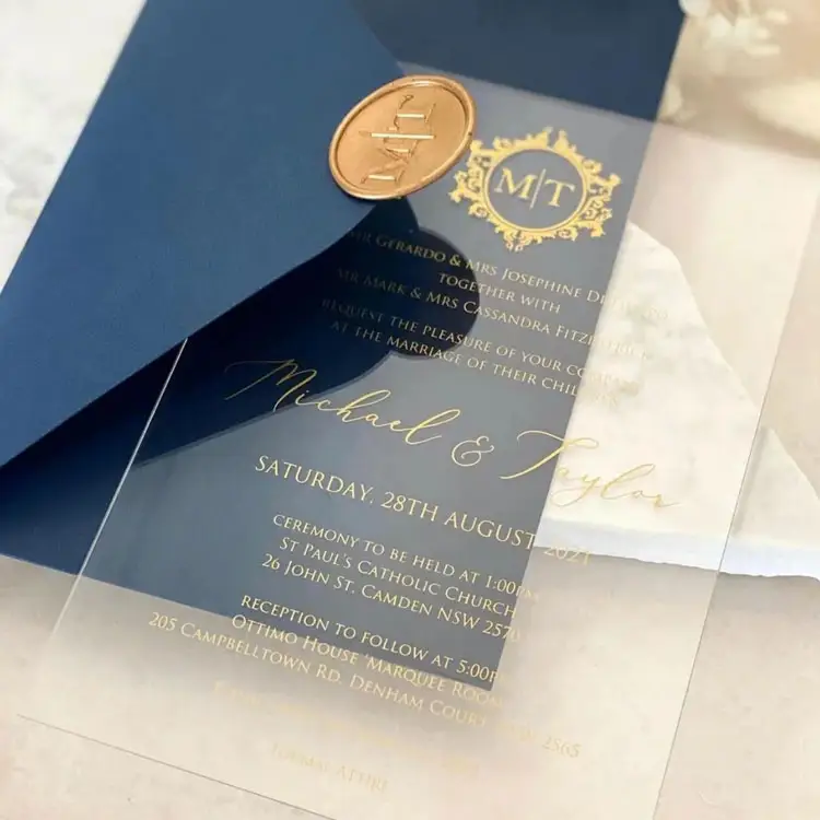 Tarjeta de invitación de boda transparente de lujo acrílico personalizado profesional de diseño libre de fábrica china