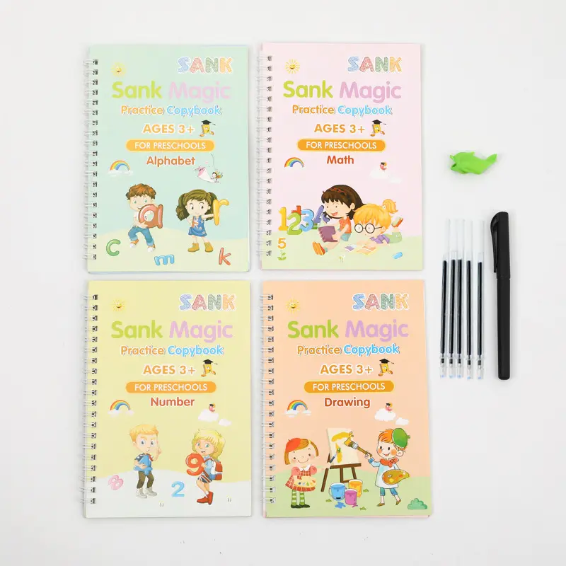 Personalizado 4 unids/set reutilizable niños dibujo mágico escritura se hundió pluma Control entrenamiento copia libro con pluma reutilizable para niños