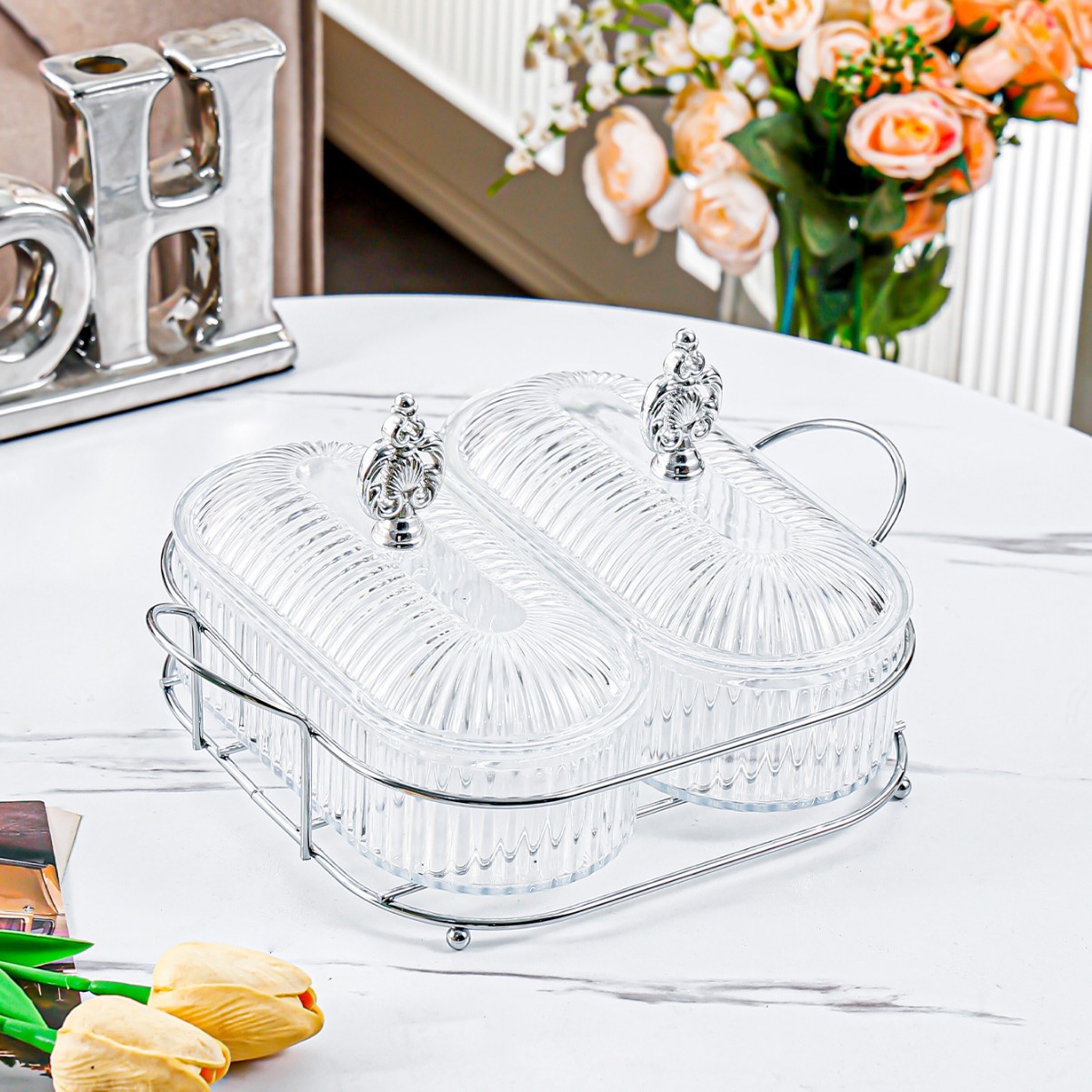 Cadre Fleur Argenté - Transparent - Grande Assiette Ovale - 2 Compartiments