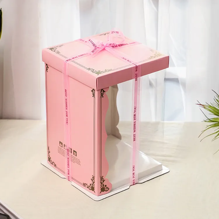 Caja de pastel de doble altura, caja de pastel de plástico cuadrada, rosa, Individual, personalizada, transparente, para galletas, cupcakes, panadería, regalo