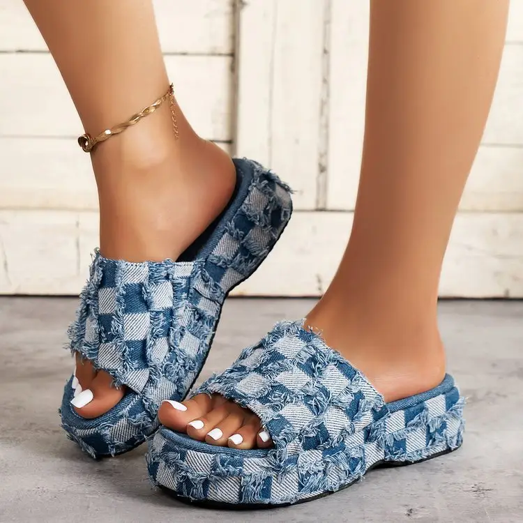 Neue lässige Mujer Denim Leinwand Gride Frauen Schuhe Sandalia Mode Sommer Flat Slides Hausschuhe Peep Toe Thick Wedge Heels Sandalen