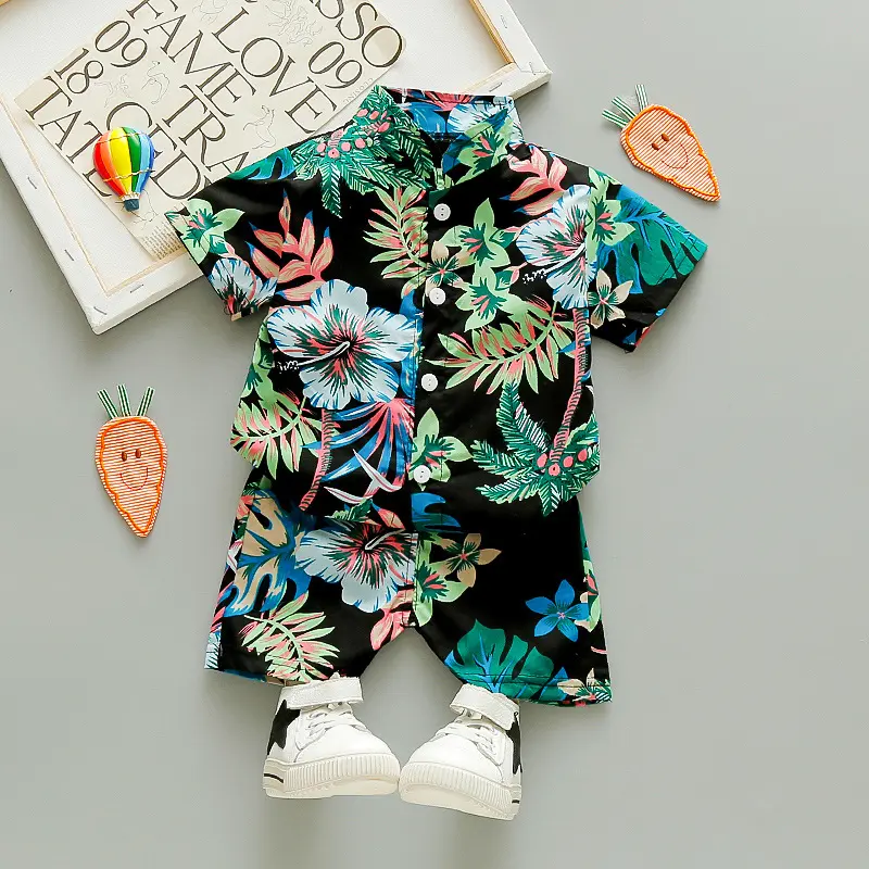 Conjunto de ropa de verano para niños pequeños, ropa para bebés, camisa hawaiana, pantalones cortos, estampado de hojas de flores, traje de 1 a 5 años