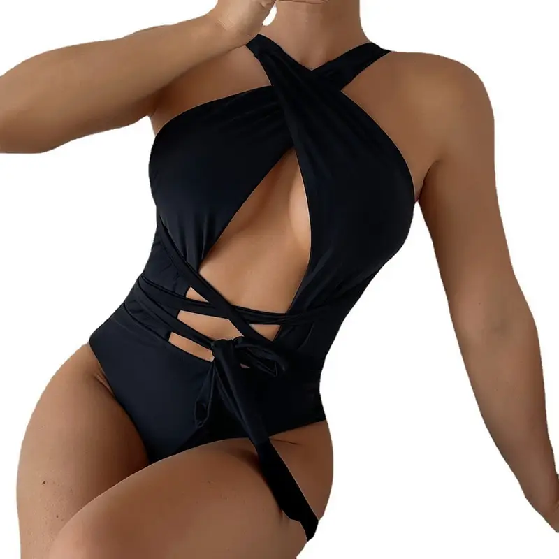 Wish, superventas, Bikini personalizado para mujer, bañador Sexy negro transparente de una pieza, traje de baño deportivo de vendaje