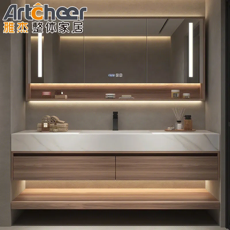 Armoire de comptoir en marbre de Style américain, meuble de salle de bain en bois massif avec miroir