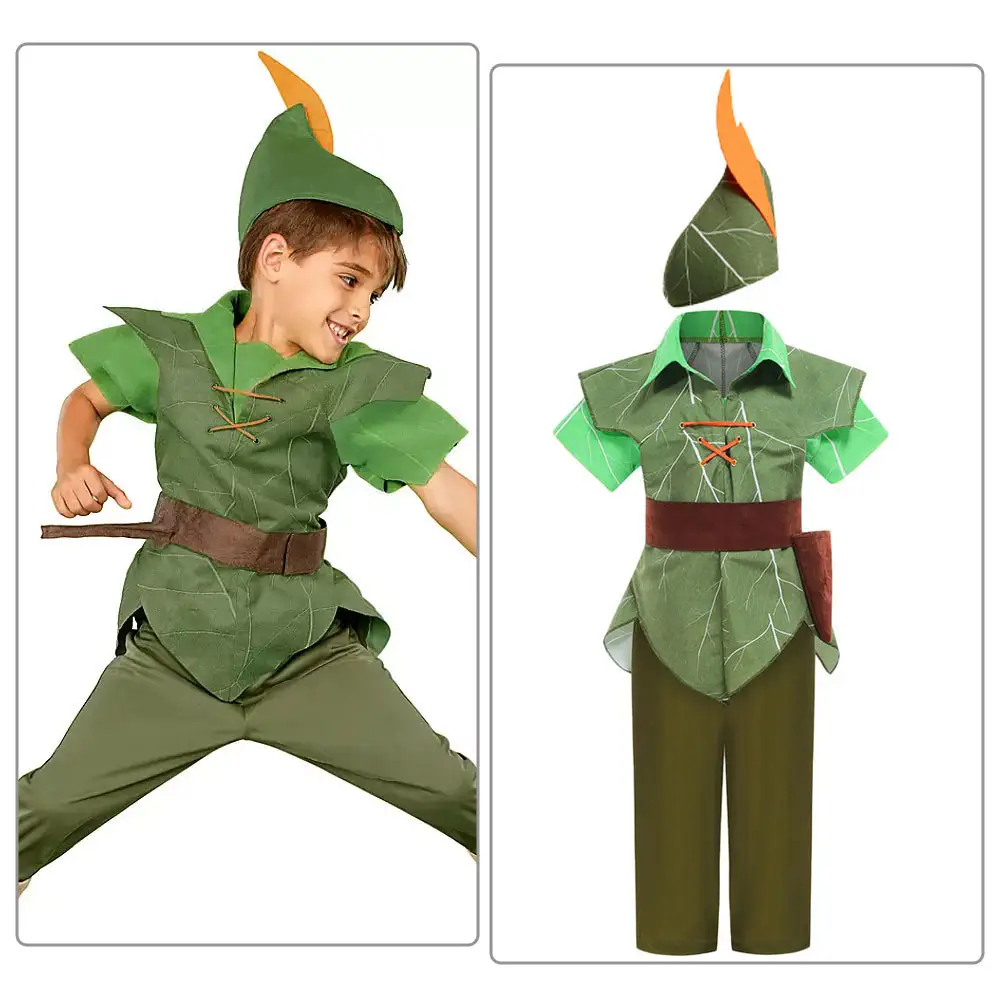 Costume de spectacle d'halloween noël pour enfants, garçon elfe vert Peter Pan