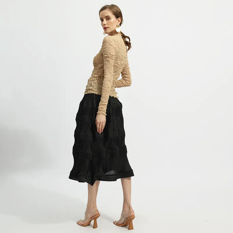 Falda larga MIDI con temperamento plisado con volantes negros y cintura elástica informal Vintage para mujer