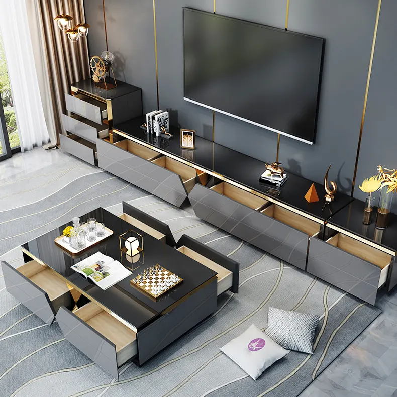 O mais recente armário de TV de luxo em madeira maciça para sala de estar, mesa de café e suporte de TV com console preto