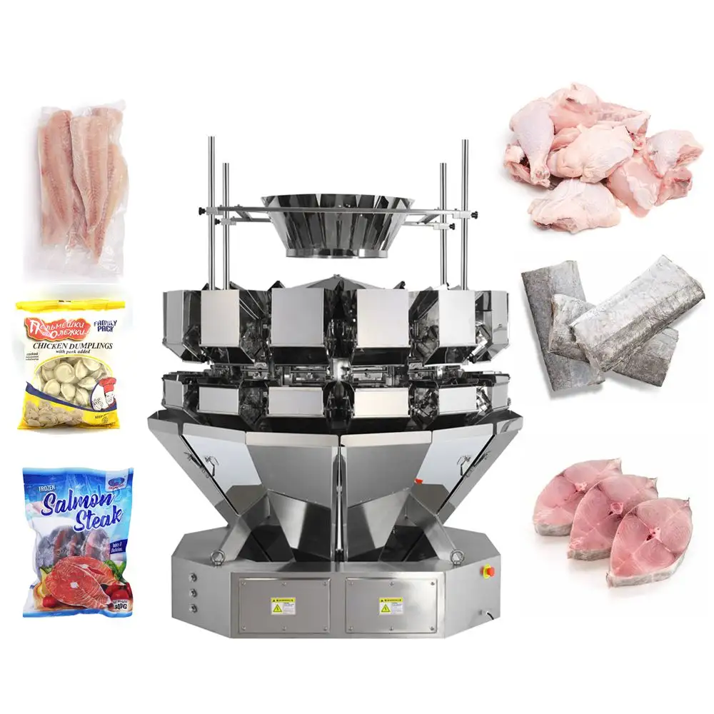 Automatic 10 /14 heads 5L big hopper multi-head weigher frozen chicken wings / frozen fish steaks weighing packing machine