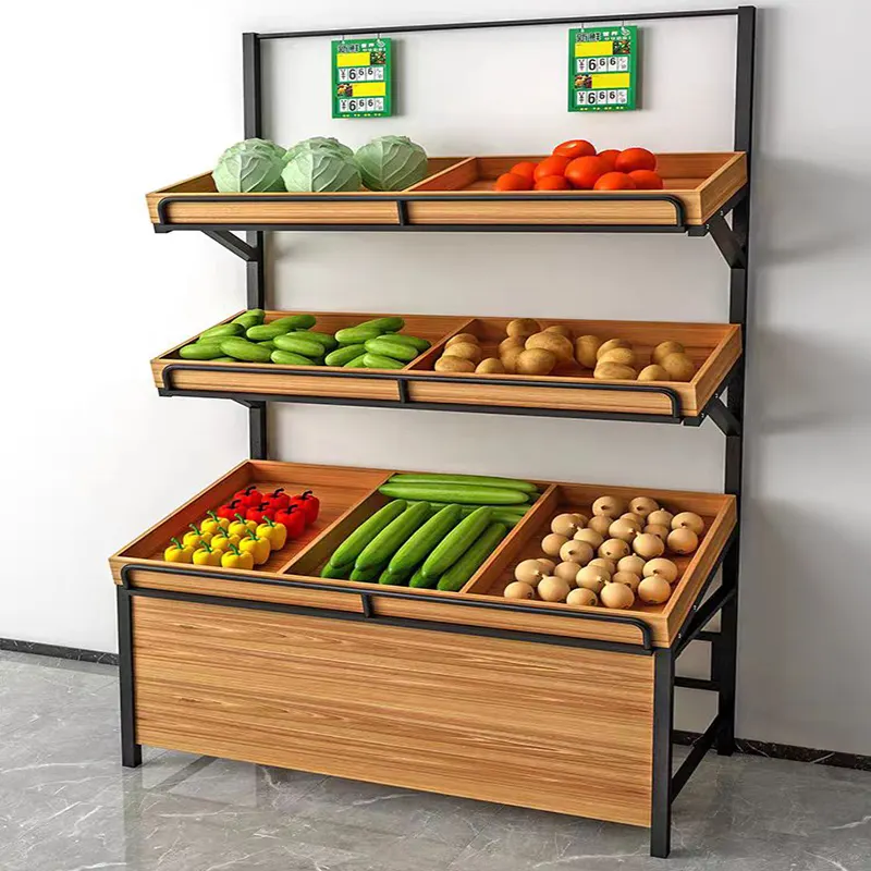 Soporte de madera para frutas y verduras, estantes de diseño, soporte de exhibición de frutas para supermercado