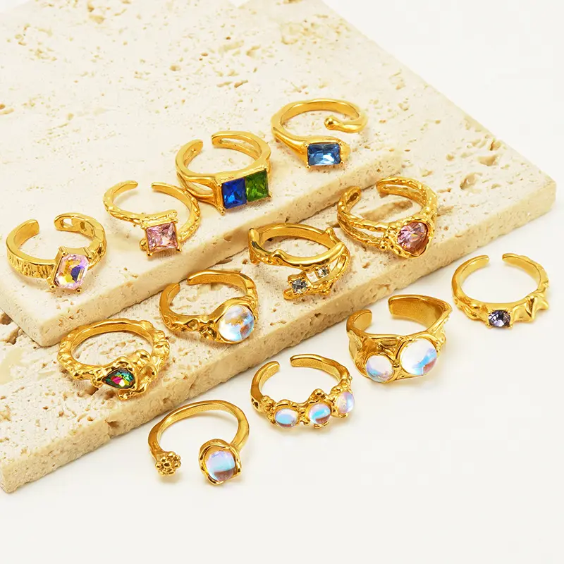 Retro Vintage placcato oro 18 carati opale CZ zircone cubico anelli da dito in acciaio inossidabile anello regolabile con pietre preziose aperte per le donne