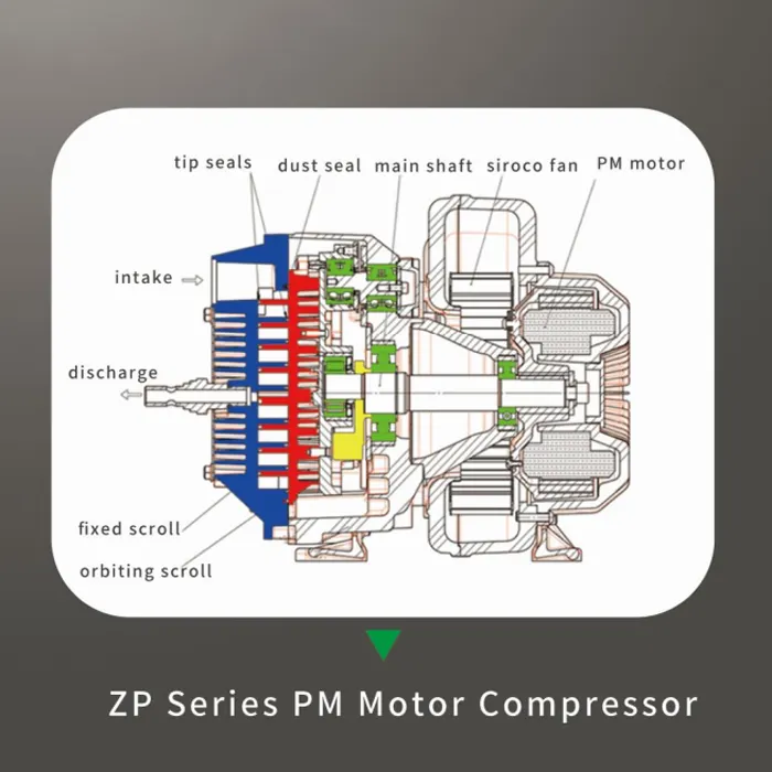 Compresor de desplazamiento sin aceite extremo de aire 5,5 kW 1000L/min 4Bar baja presión 380V 50Hz Motor de imán permanente para planta de fabricación